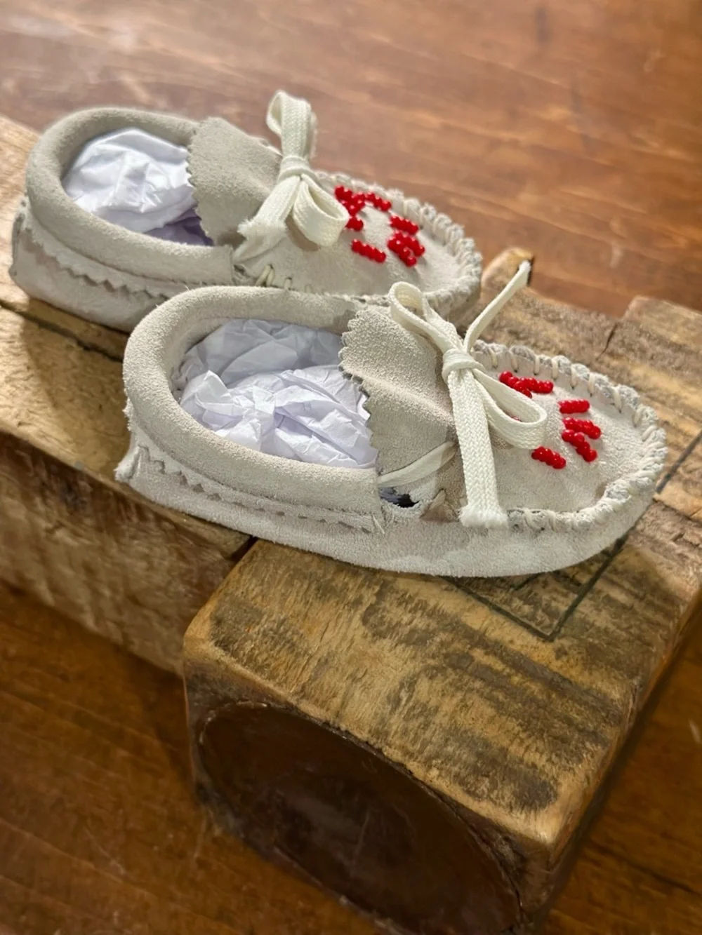 Vintage Leather Baby Moccasins Tan and White Size 3 and 1